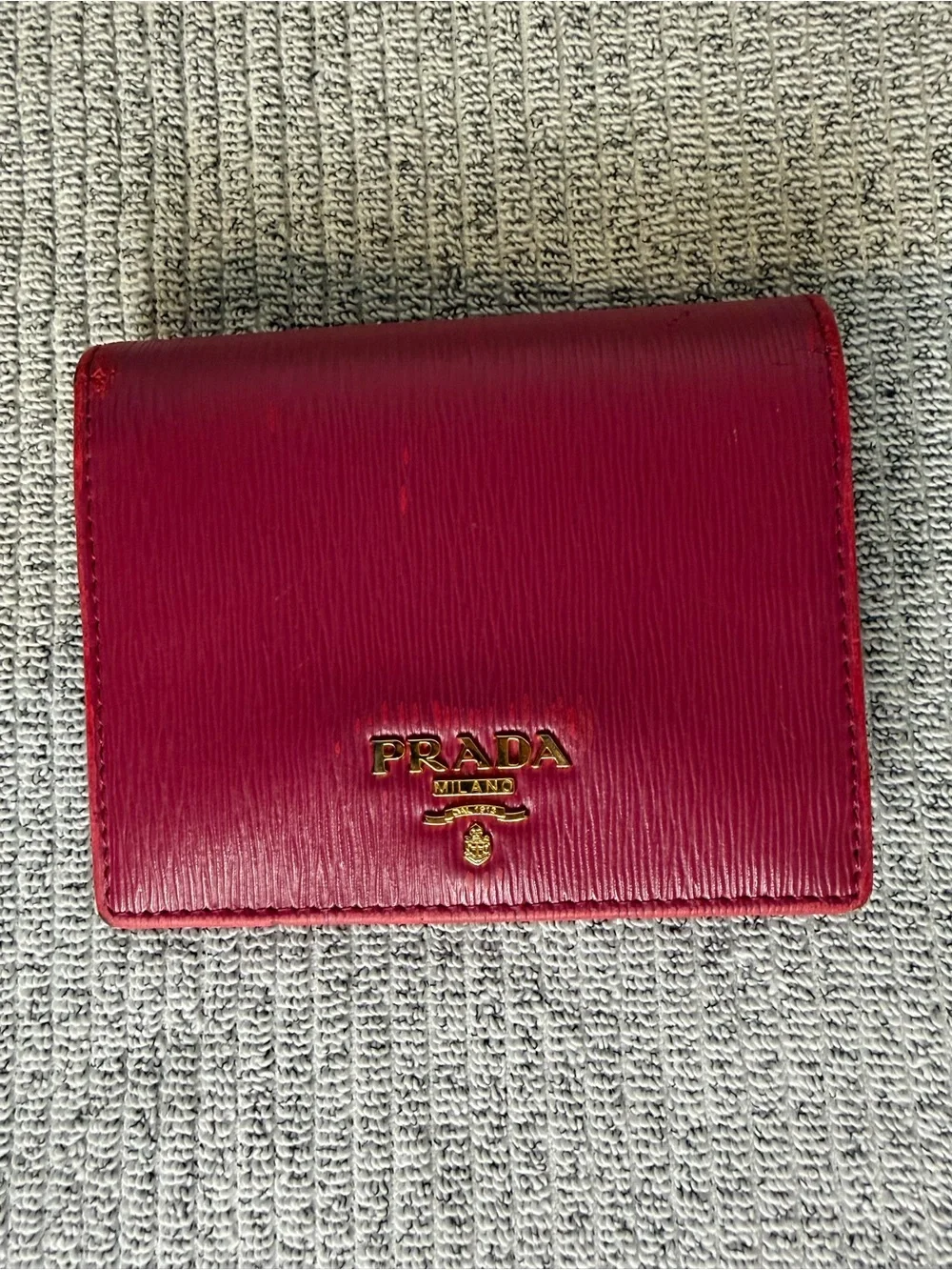 Authentic Prada Saffiano Leather Compact Wallet in deep red/berry/magenta color